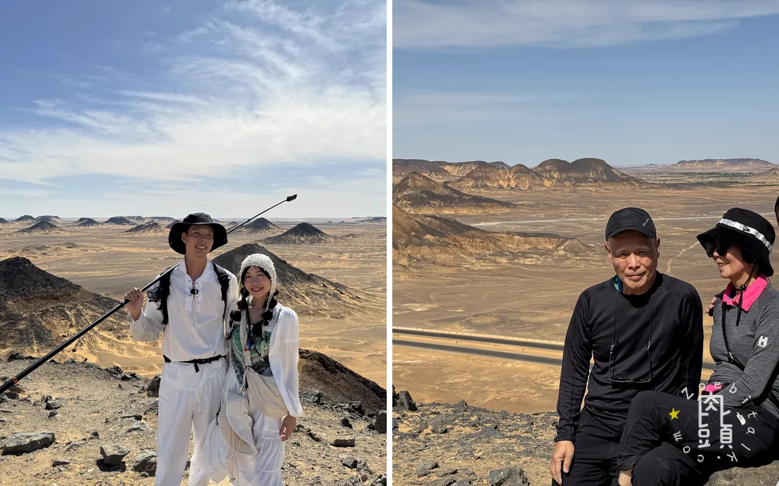 一家人分別抵達山脊與高點,兩個畫面保留每個人不同的速度