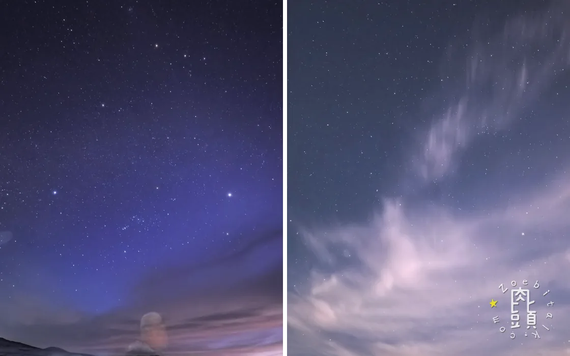 營地上空兩個不同時刻的星野,風與雲讓同一片天空持續變化