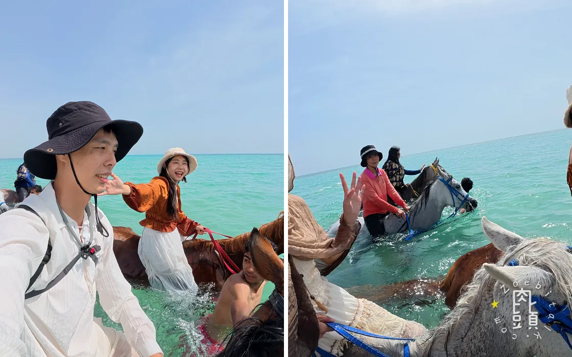 海水中的近景與全家合照並排，保留騎馬從個人緊張變成集體混亂的過程